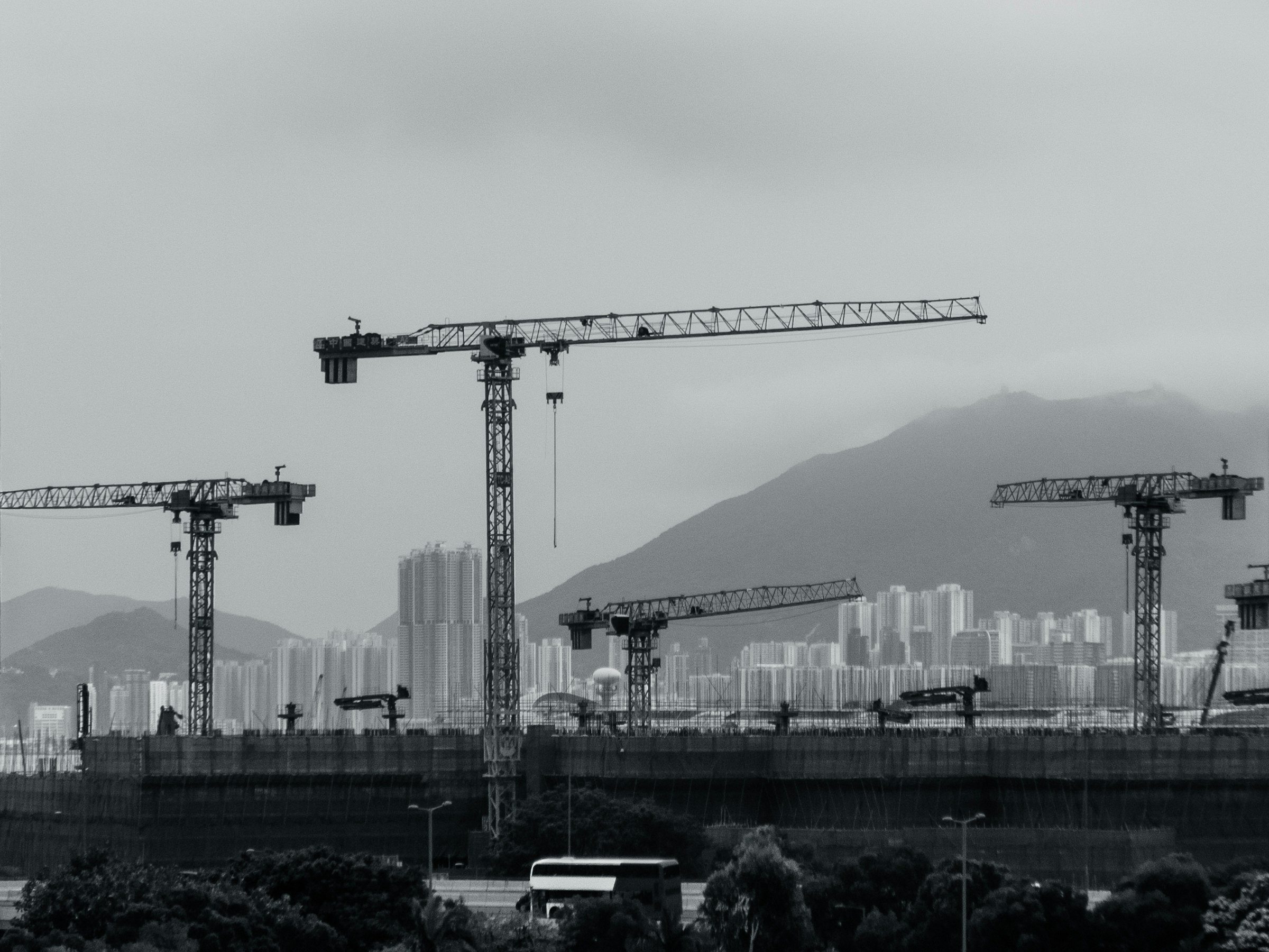 Grues de chantier au-dessus d'une ville